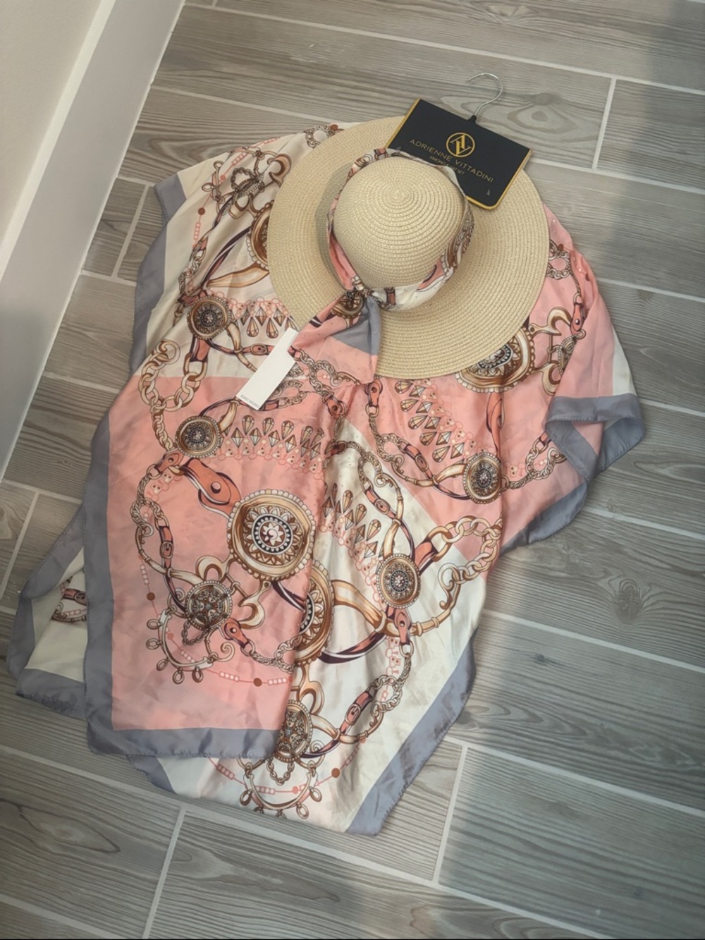 Silk Scarf Wrap in Pink and Cream with Chain Print